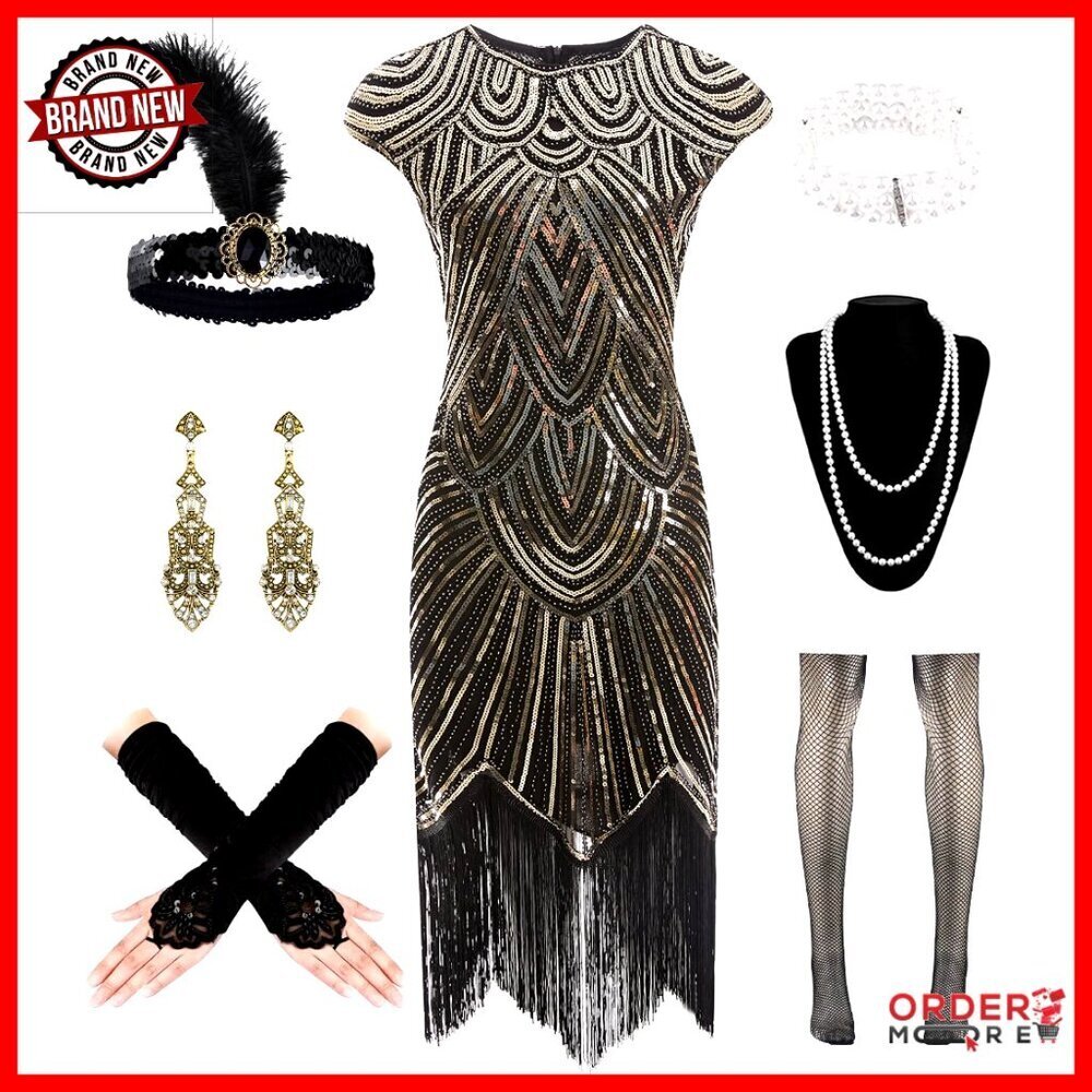 Vintage 1920s Flapper Dress Sequin Fringe Cocktail Dress with Accessories Set
